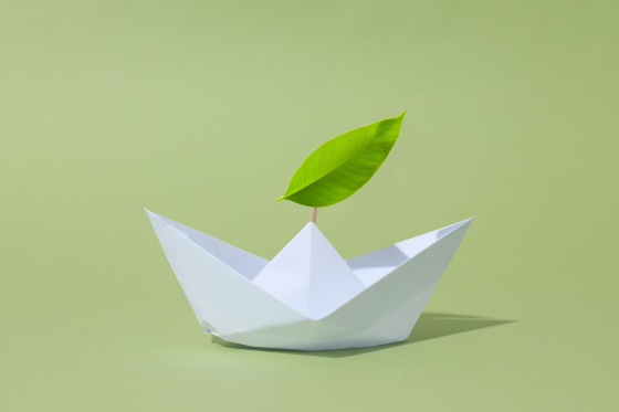 white paper boat with green leaf